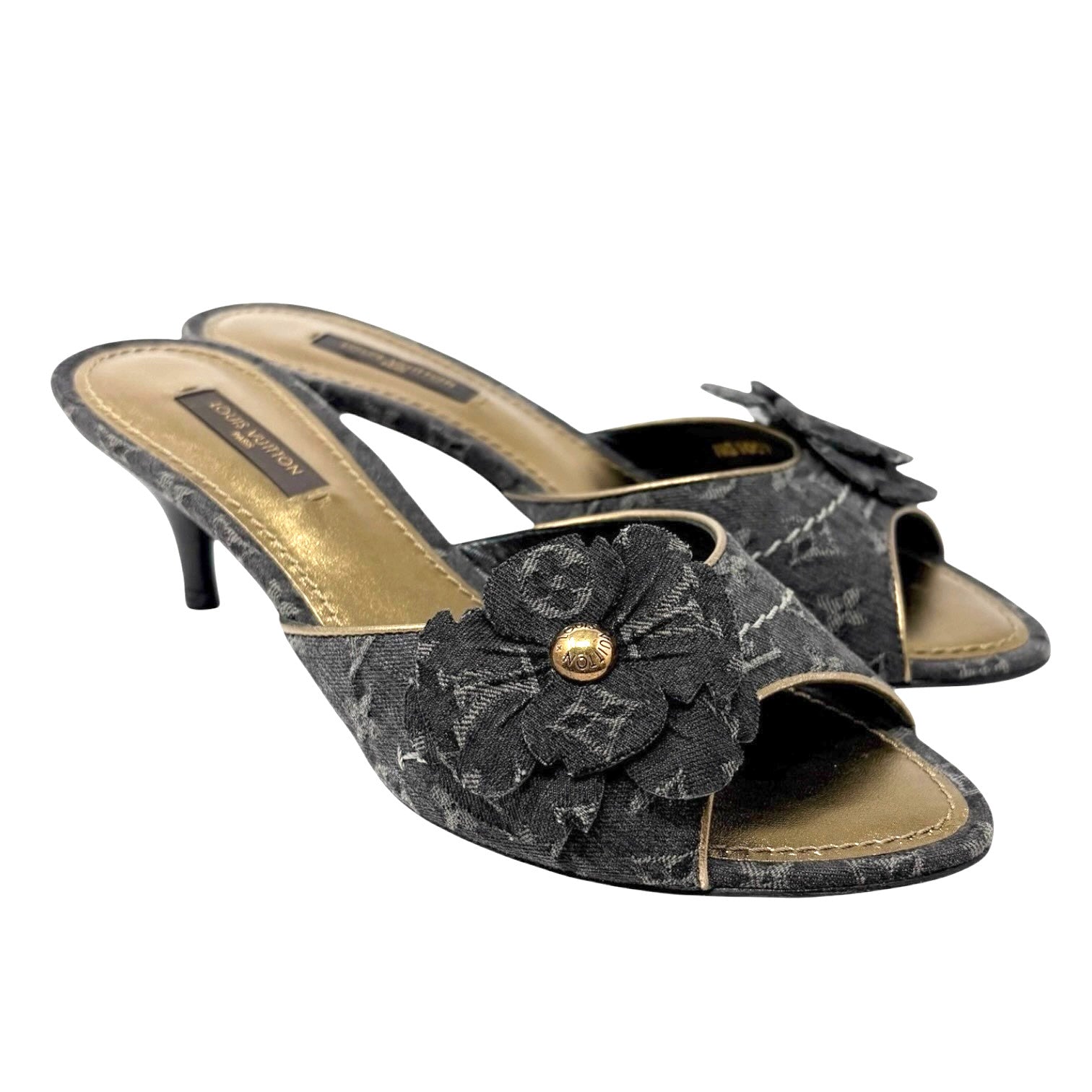 LOUIS VUITTON Vintage Monogram Denim Heels Sandals #36.5 Black Gold Corsage