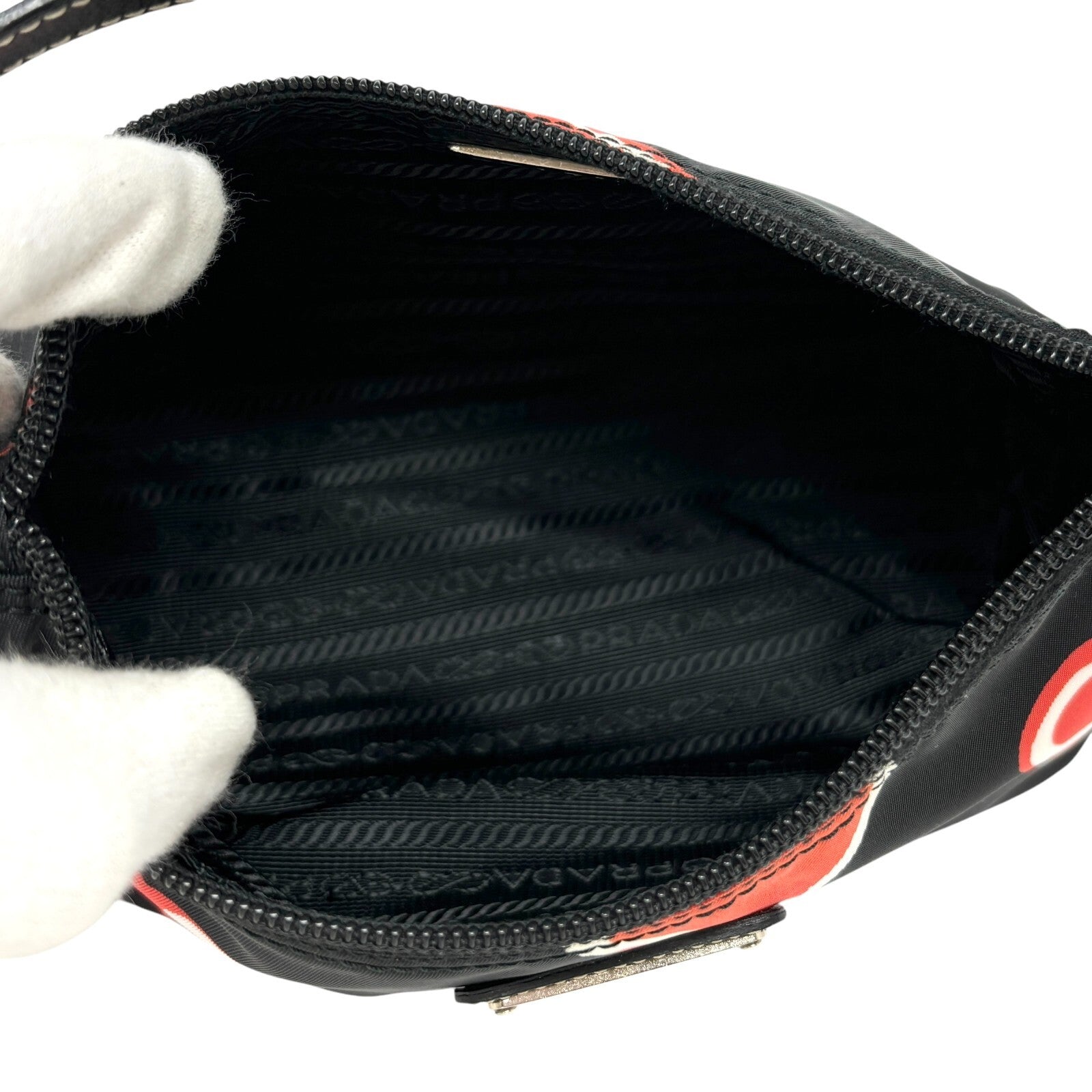 PRADA Vintage Logo Heart Pattern Shoulder Bag Pochette Black Red Nylon