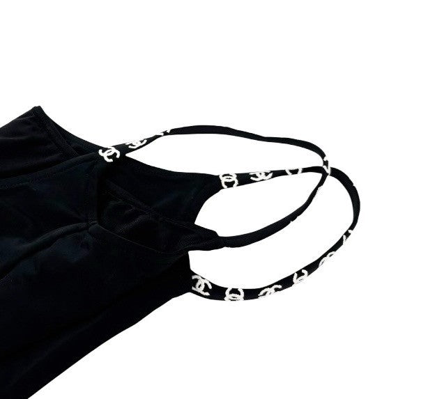 CHANEL Vintage 97P CC Mark Logo Swimwear Swimsuit #38 Black White Nylon
