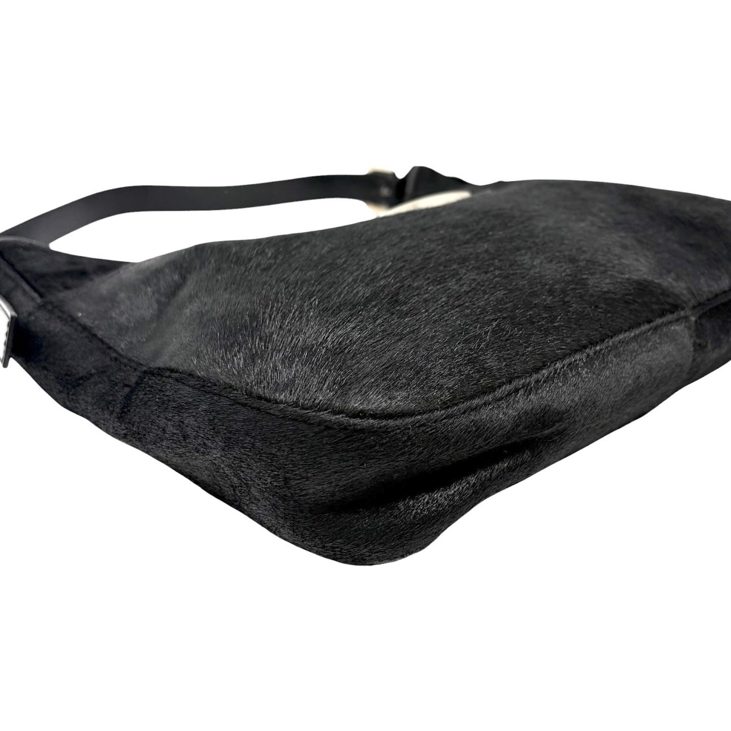 FENDI Vintage FF Logo Pony Calf Hair Hobo Shoulder Bag Black Silver 902040