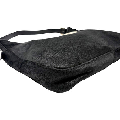 FENDI Vintage FF Logo Pony Calf Hair Hobo Shoulder Bag Black Silver 902040