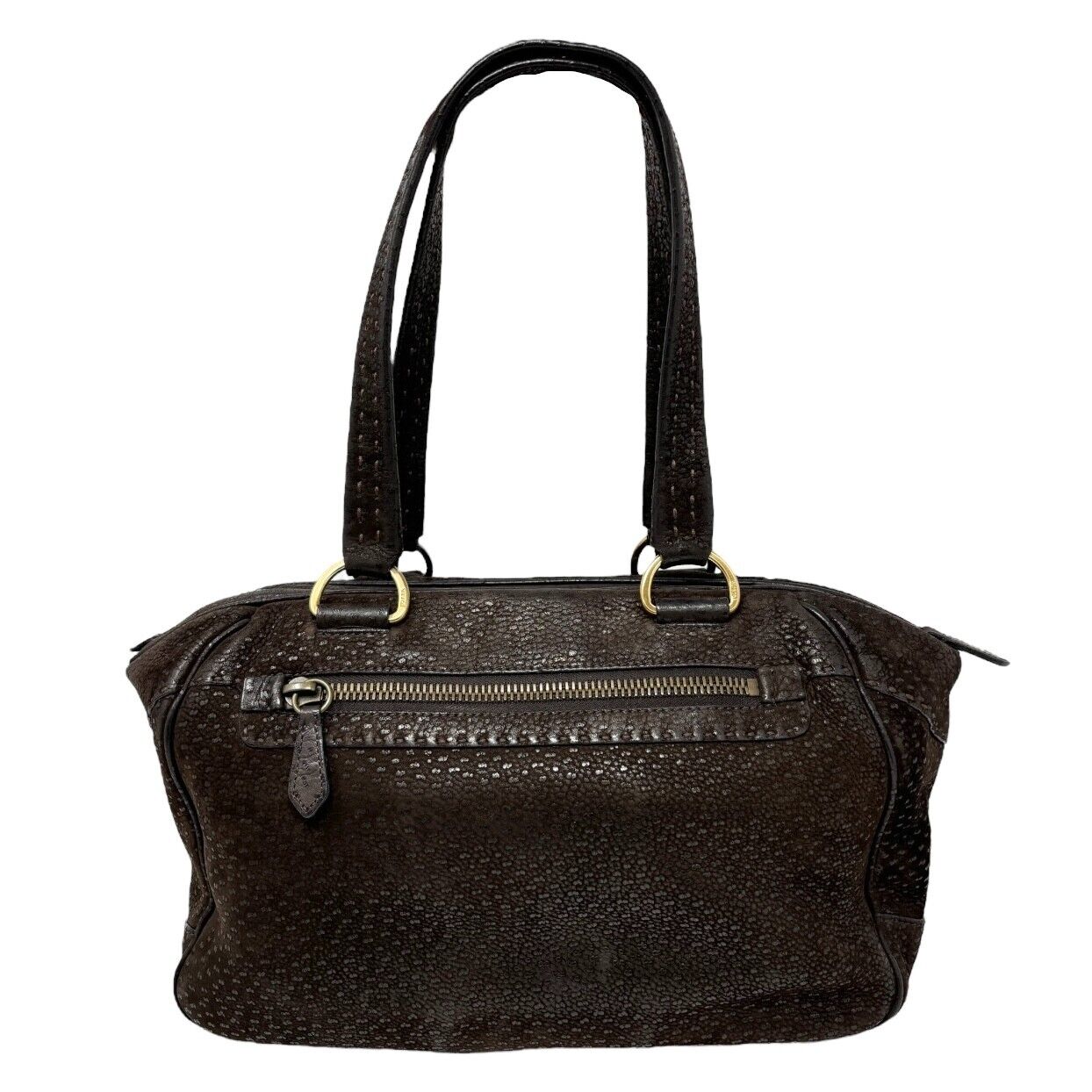 PRADA Vintage Logo Shoulder Bag Tote Bag Stitch Pocket Brown Gold Leather