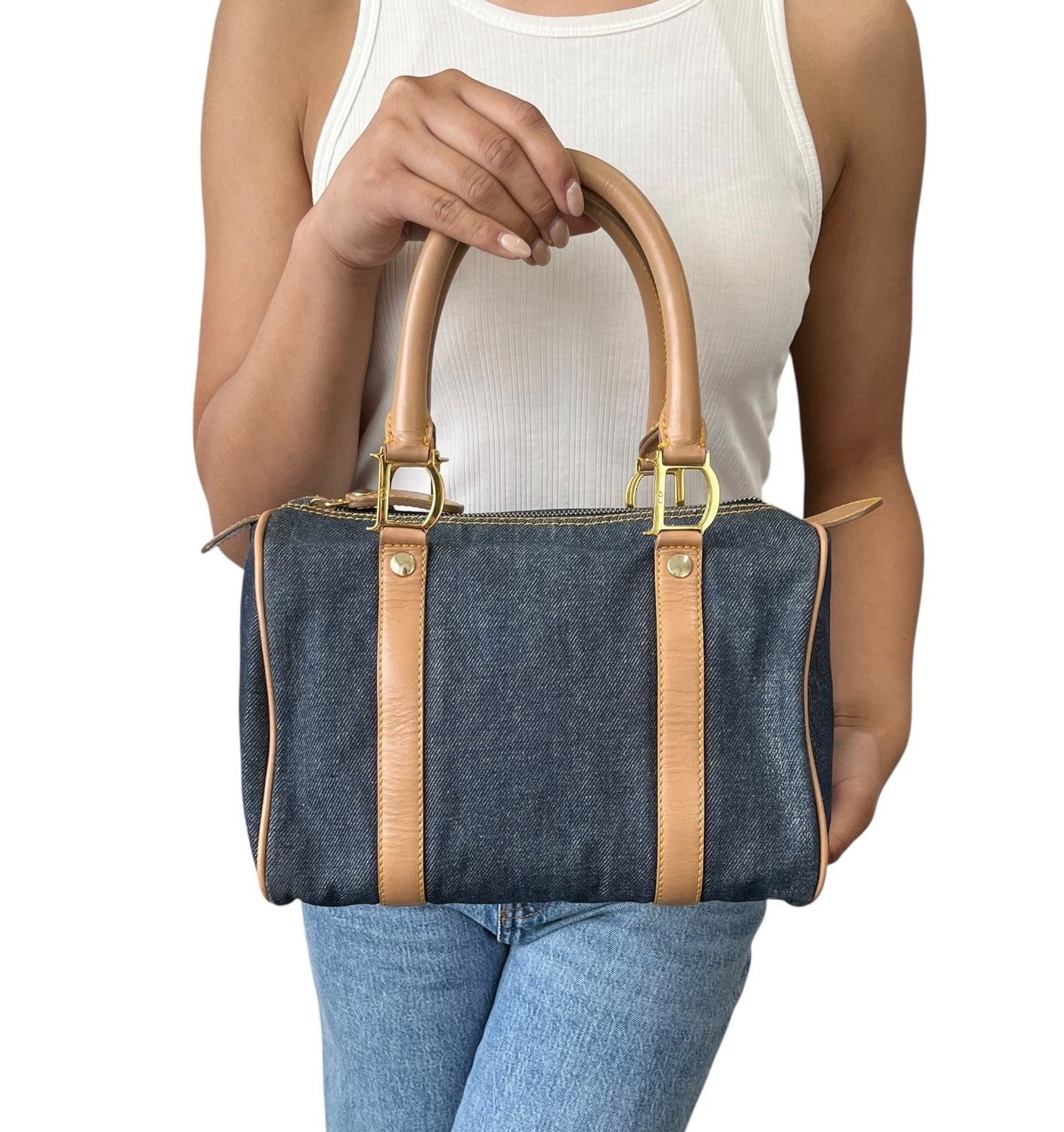 Christian Dior Vintage 2002 D Charm Denim Mini Boston Bag Blue Beige Gold 902586