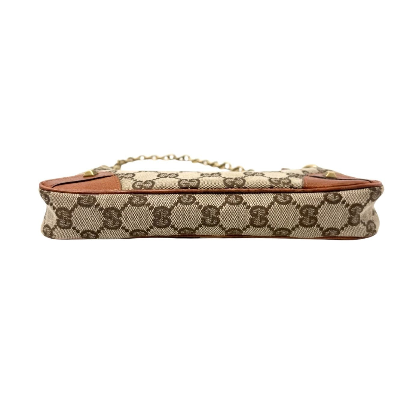 GUCCI Vintage GG Canvas Monogram Chain Shoulder Bag Pouch Beige Gold Leather