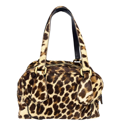 PRADA Vintage Leopard Pony Calf Hair Shoulder Top Handle Bag Cream Brown 902393
