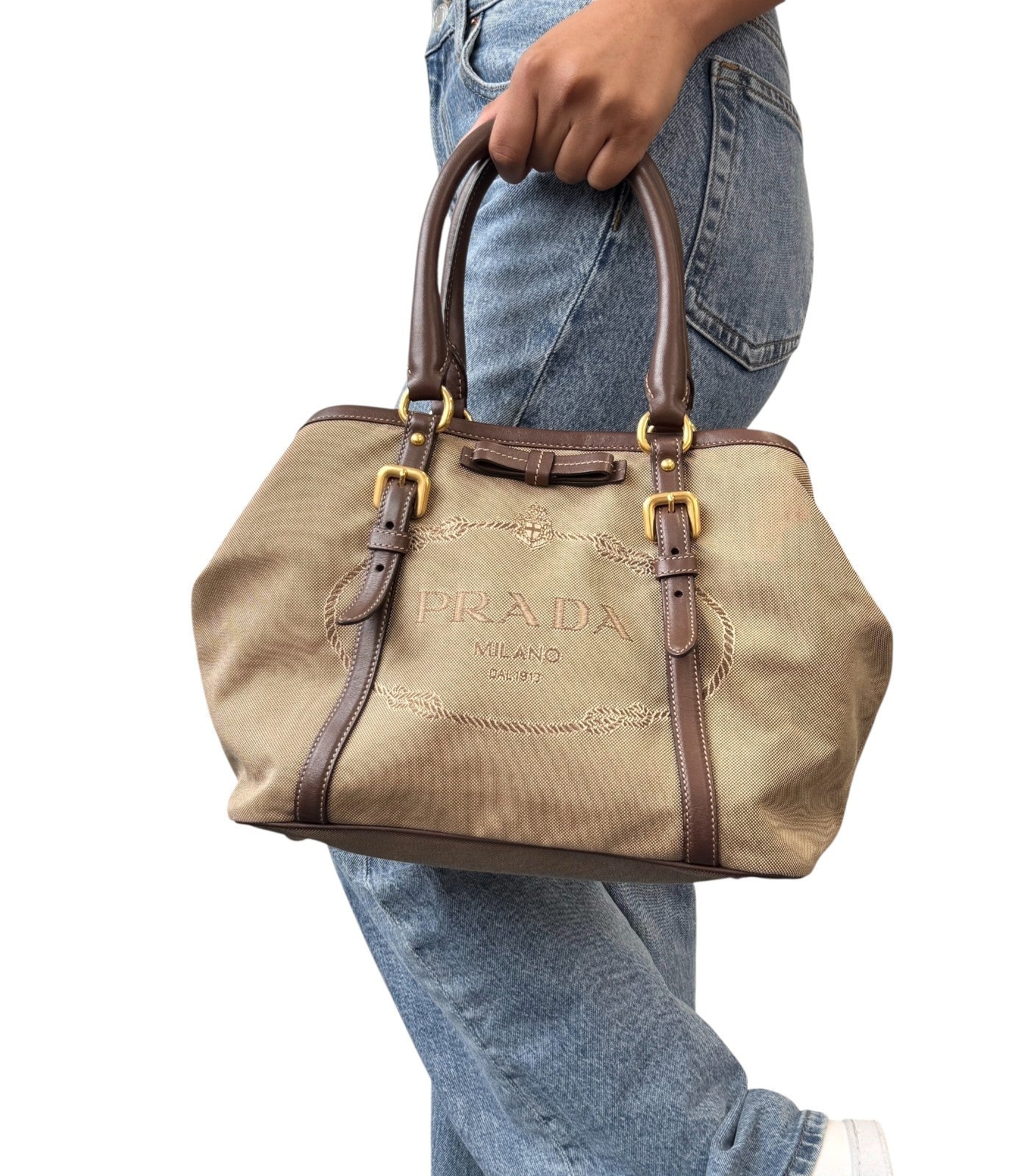 PRADA Vintage Triangle Logo Jacquard Canvas Tote Bag Handbag Khaki Dark Brown