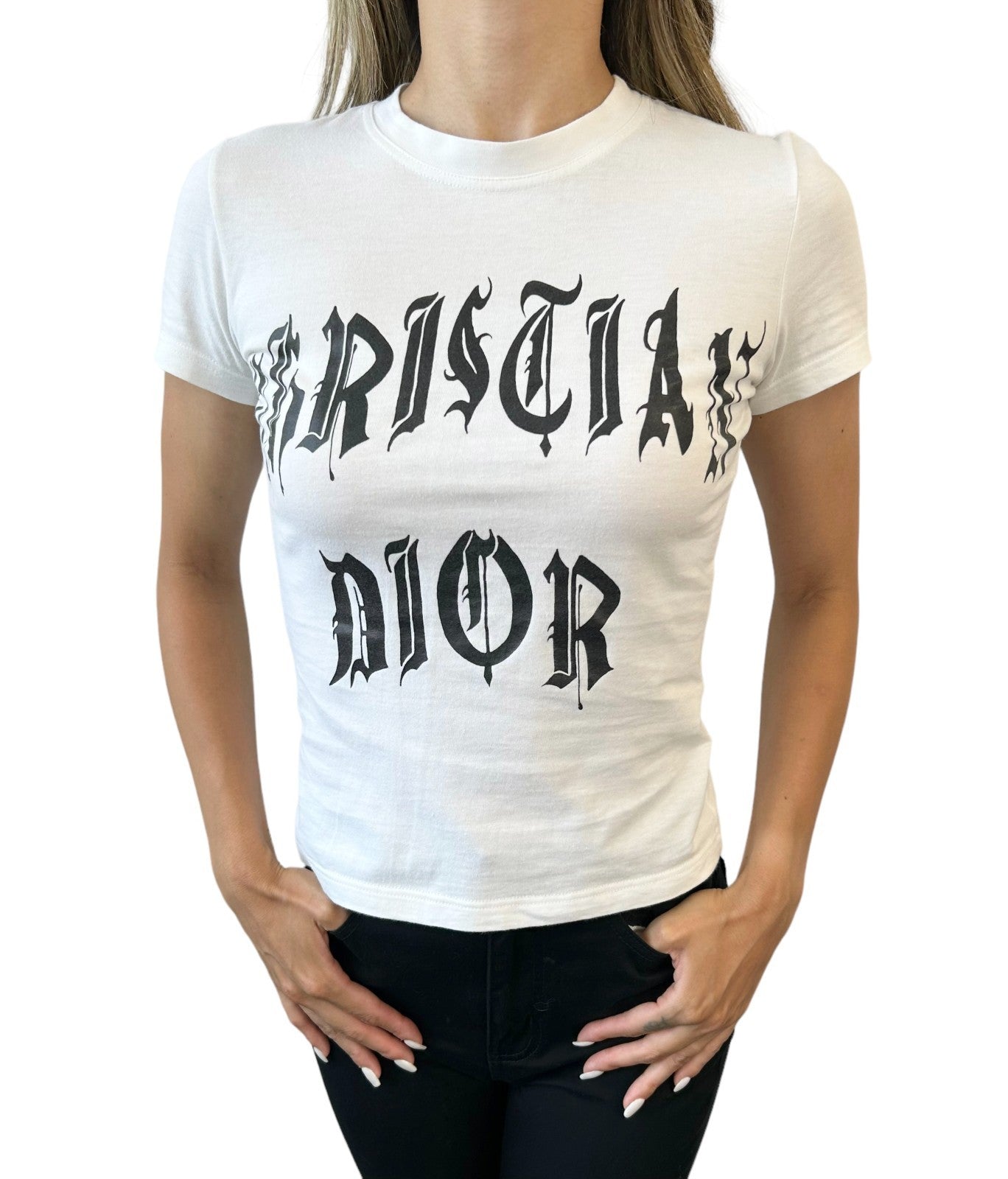 Christian Dior Vintage 2002 Logo T-shirt Top #38 Calligraphy Gothic White Black