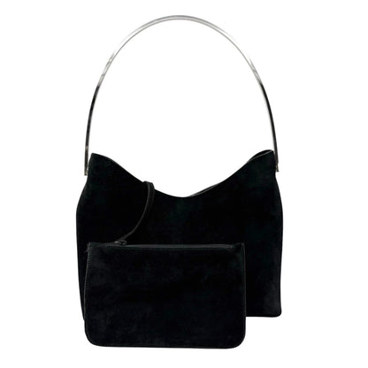 Gucci Vintage Logo Pouch Set Hobo Shoulder Bag Black Silver Suede 902828