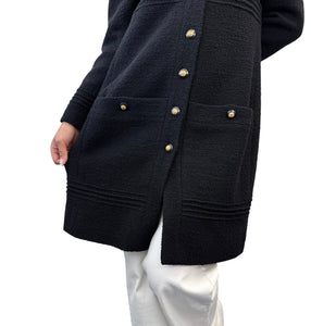 CHANEL Vintage CC Logo Long Tweed Jacket #M Coat Black Gold Wool Silk Button