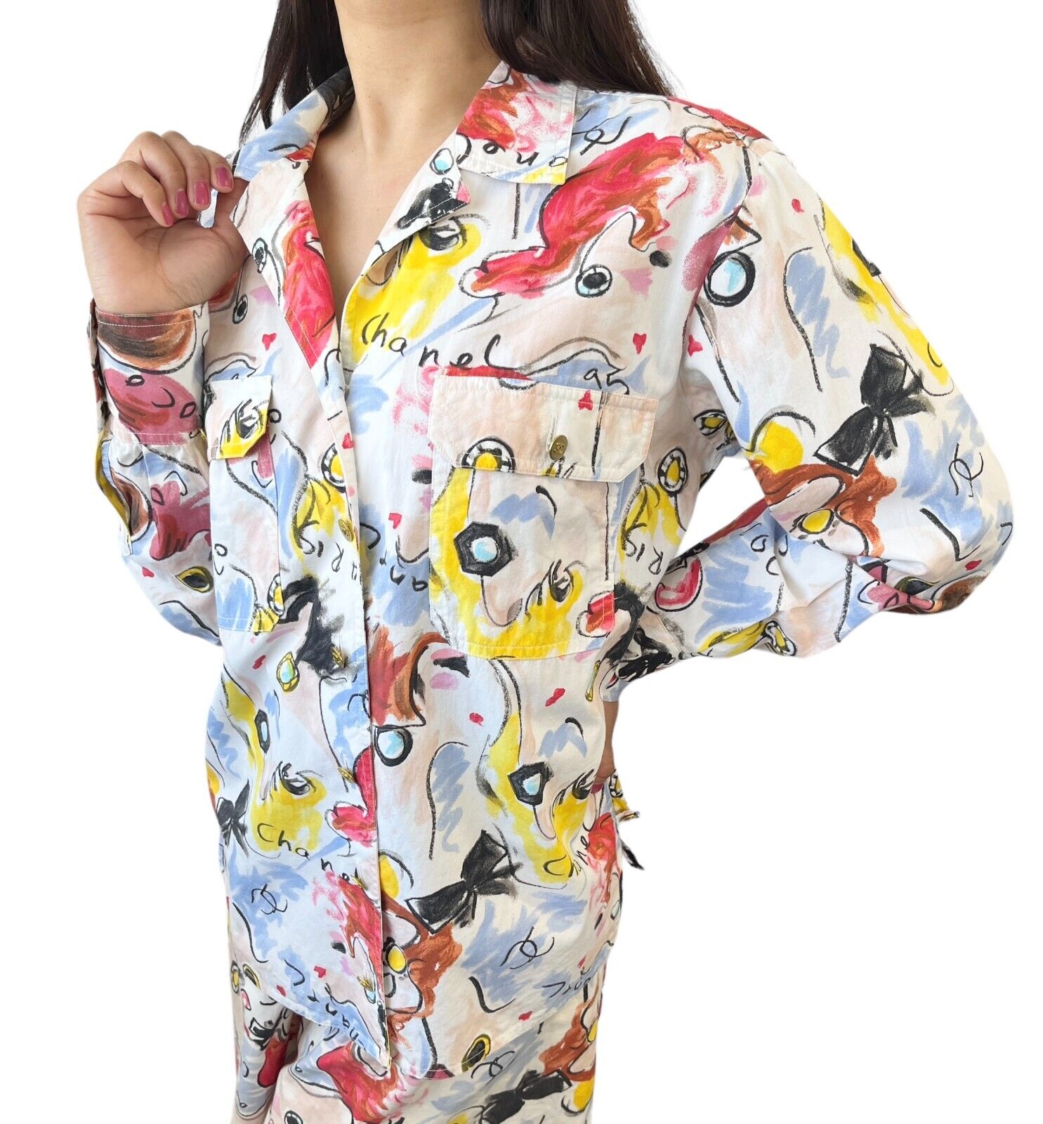 CHANEL Vintage 1995 CC Mark Shirt Shorts Set Button Multicolor Cotton Rank AB+