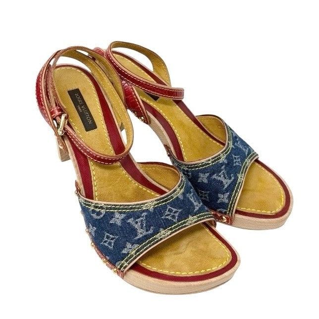 LOUIS VUITTON Vintage Logo Monogram Sandals Heels #36.5 Blue Red Leather