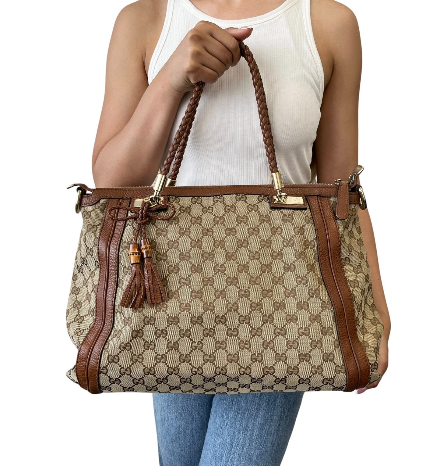 GUCCI Vintage GG Logo Monogram Fringe Shoulder Bag Brown Canvas Leather 902205