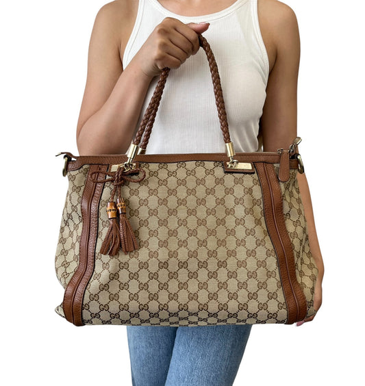 GUCCI Vintage GG Logo Monogram Fringe Shoulder Bag Brown Canvas Leather 902205