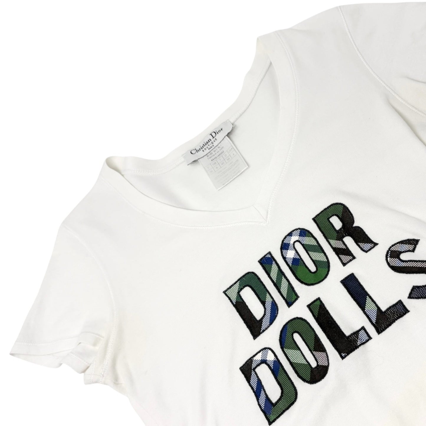 Christian Dior Vintage 2004 Dolls Logo V-neck T-shirt Top #36 White Cotton
