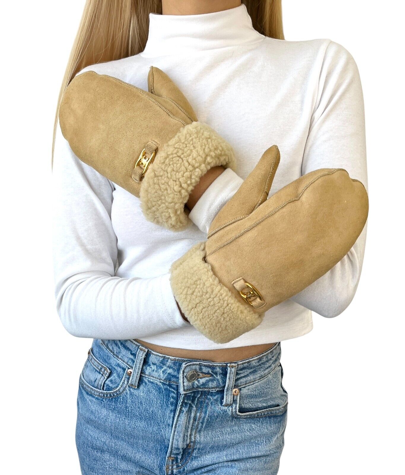 CELINE Vintage Macadam Logo Mouton Gloves Mittens Beige Gold Leather