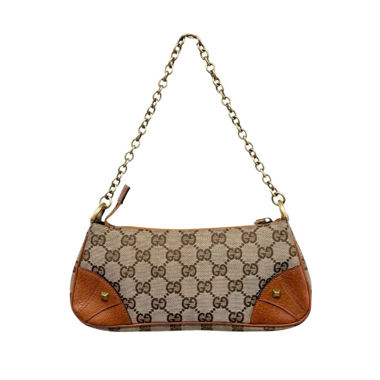 GUCCI Vintage GG Canvas Monogram Chain Shoulder Bag Pouch Beige Gold Leather