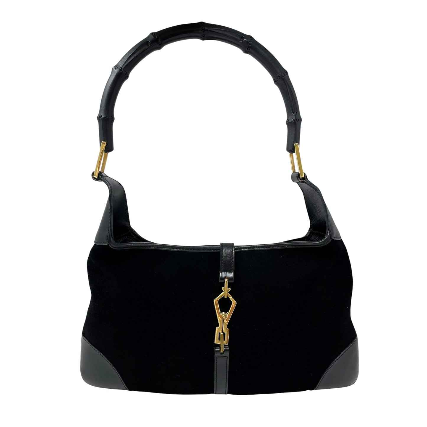 Gucci Vintage Bamboo Top Hobo Shoulder Bag Black Gold Suede Leather 106544