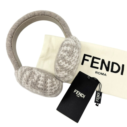 FENDI FF Zucca Monogram Logo Knit Earmuffs Hair Accessory Gray Greige Cashmere