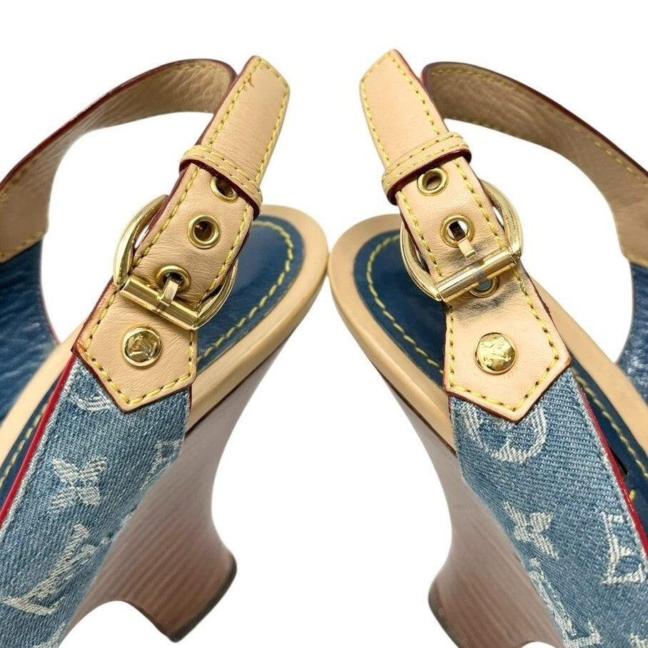 LOUIS VUITTON Vintage LV Logo Monogram Sandals #36.5-37 Blue Beige Denim Belt