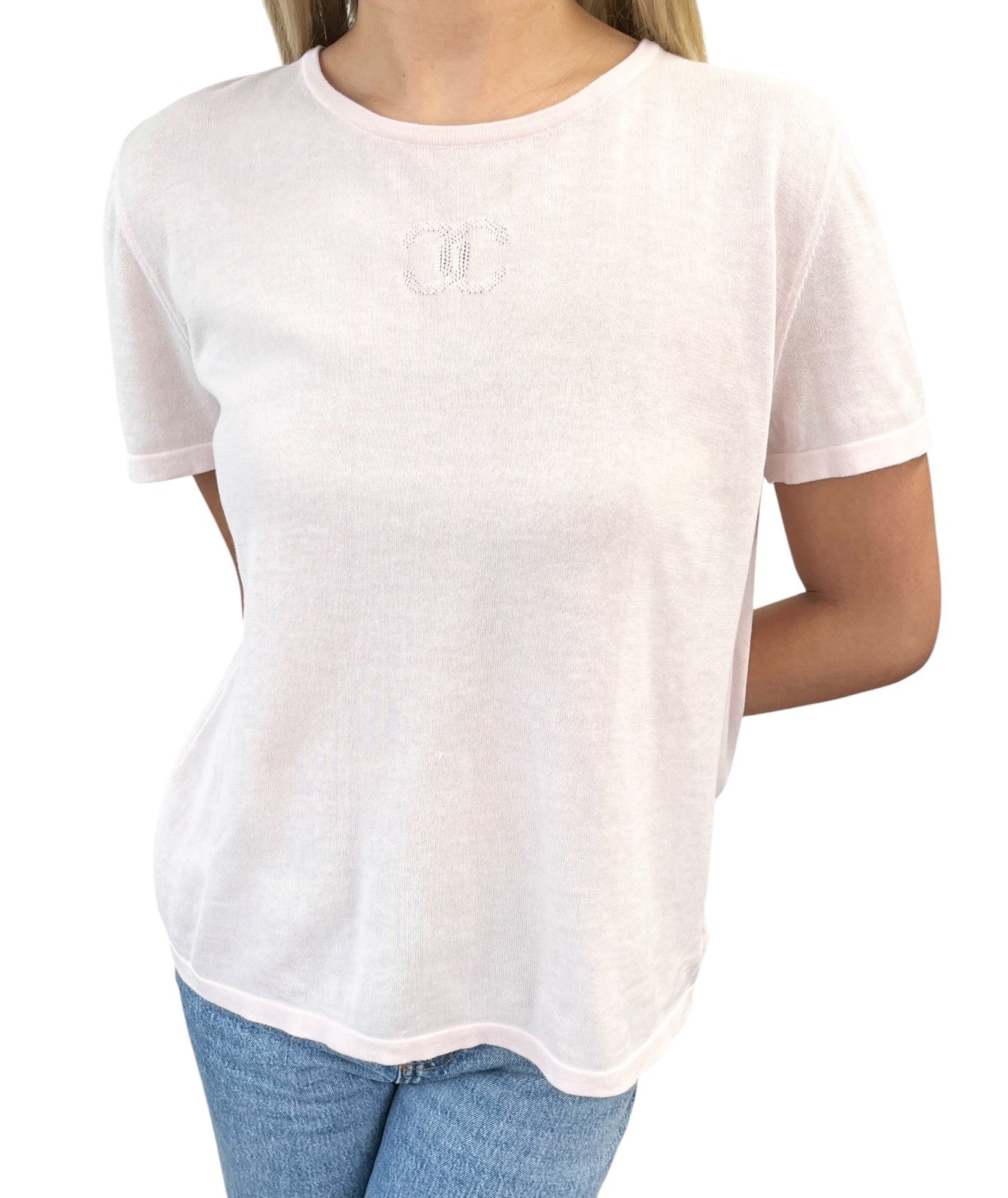 CHANEL Vintage 06P CC Mark Logo Short Sleeve Top #38 T-shirt Pink Cotton Mesh