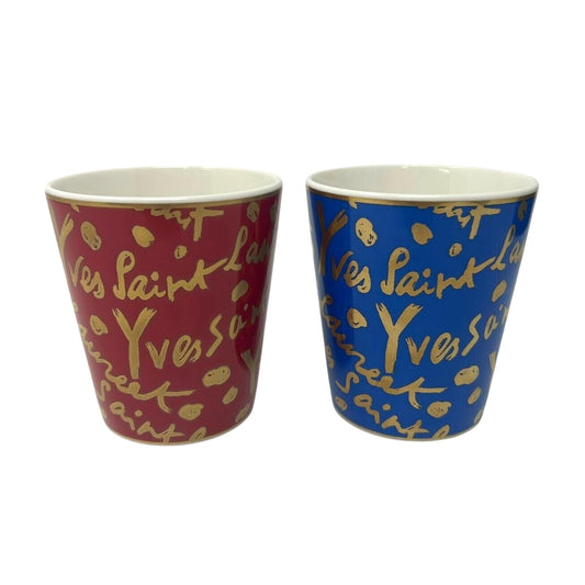 Yves Saint Laurent Vintage Logo Mug Coffee Cup 2piece Set Red Blue