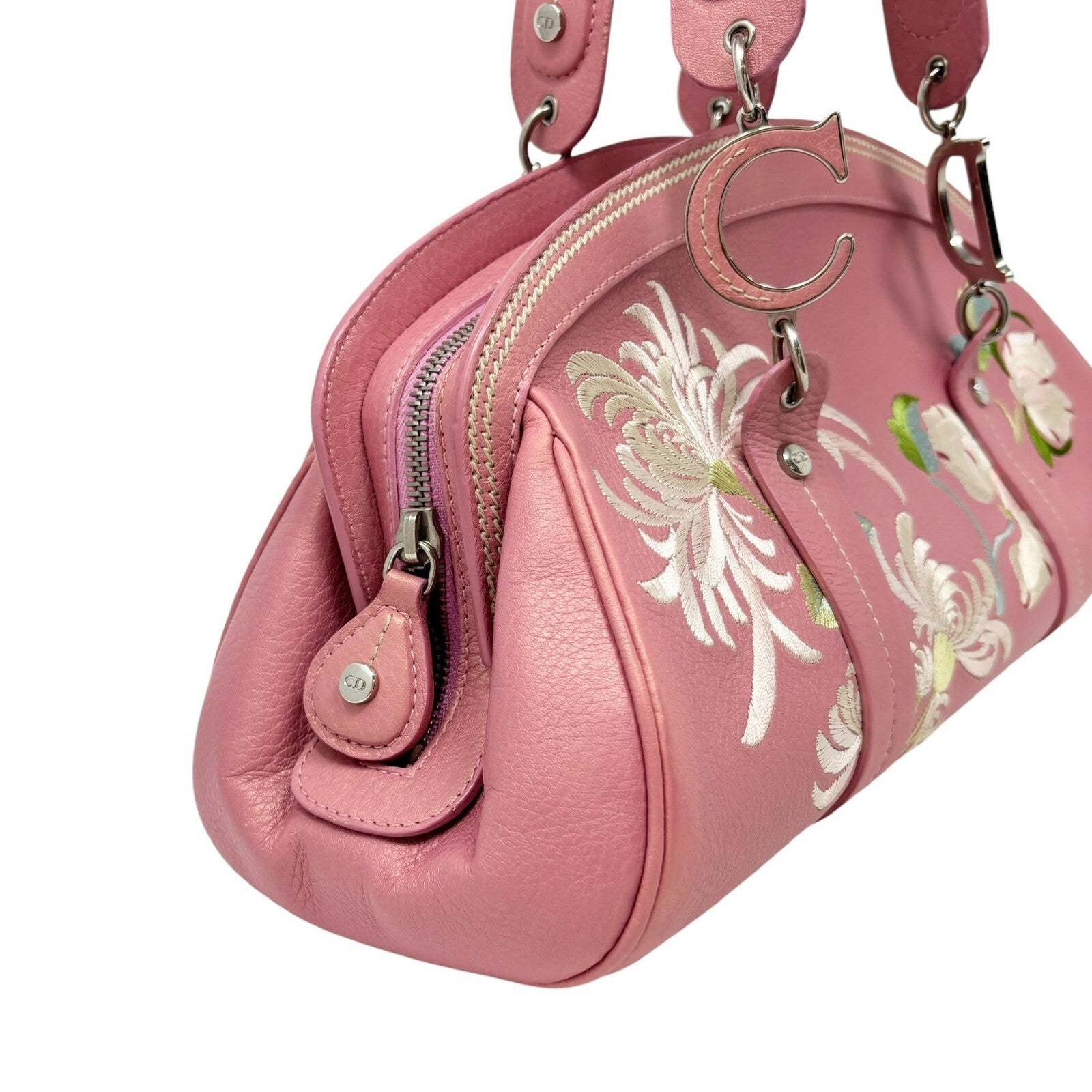Christian Dior Vintage 2005 Logo Embroidered Mini Boston Bag Pink Silver Leather