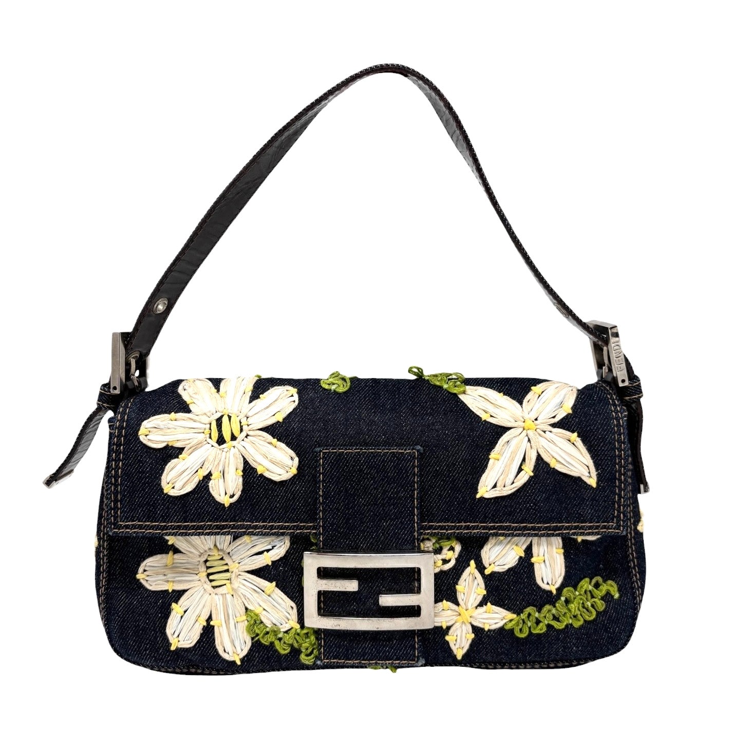 FENDI Vintage Mamma Baguette Denim Shoulder Bag Flower Blue Cotton 901871