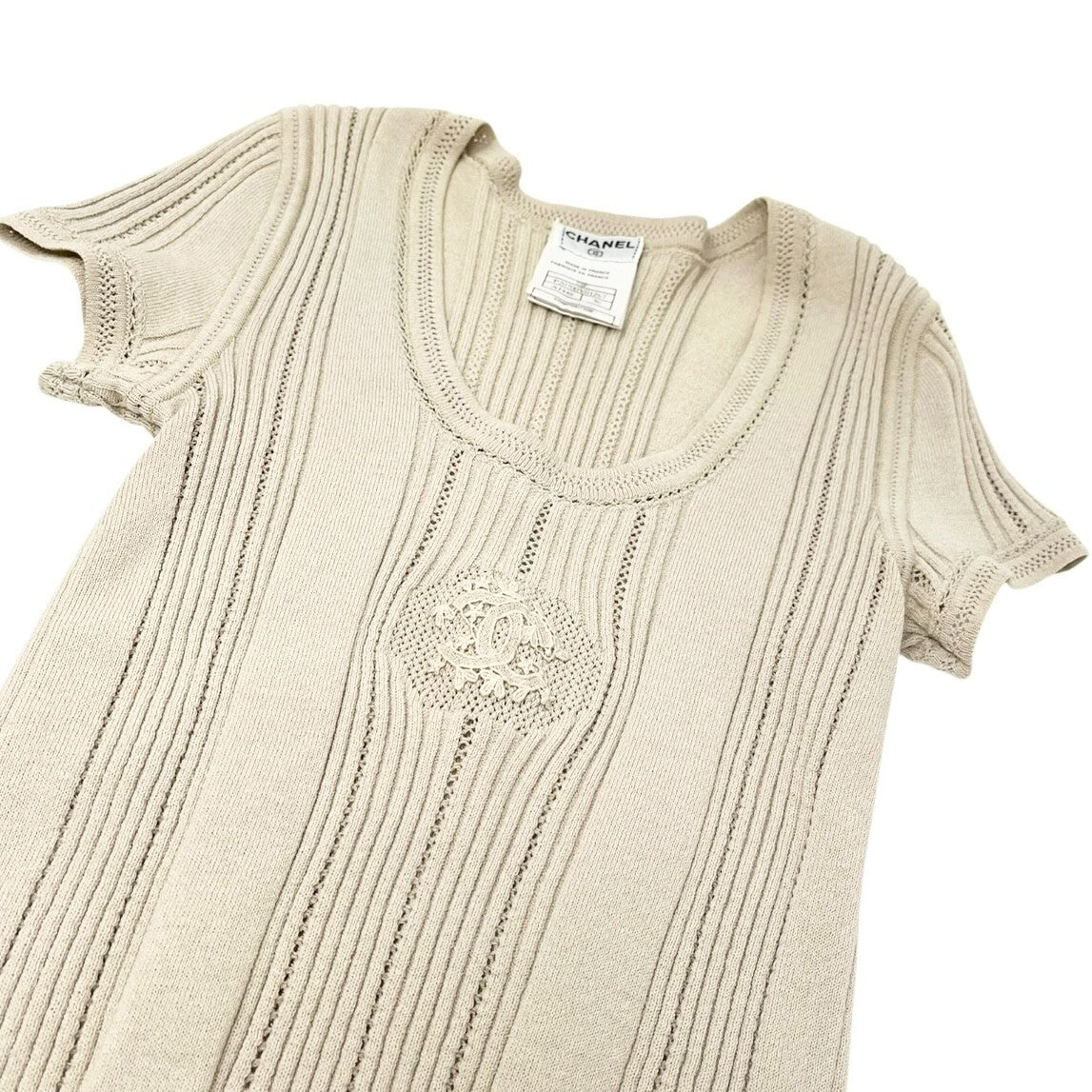 CHANEL Vintage 03P CC Mark Logo Knit T-shirt Top #36 Beige Cotton Polyester