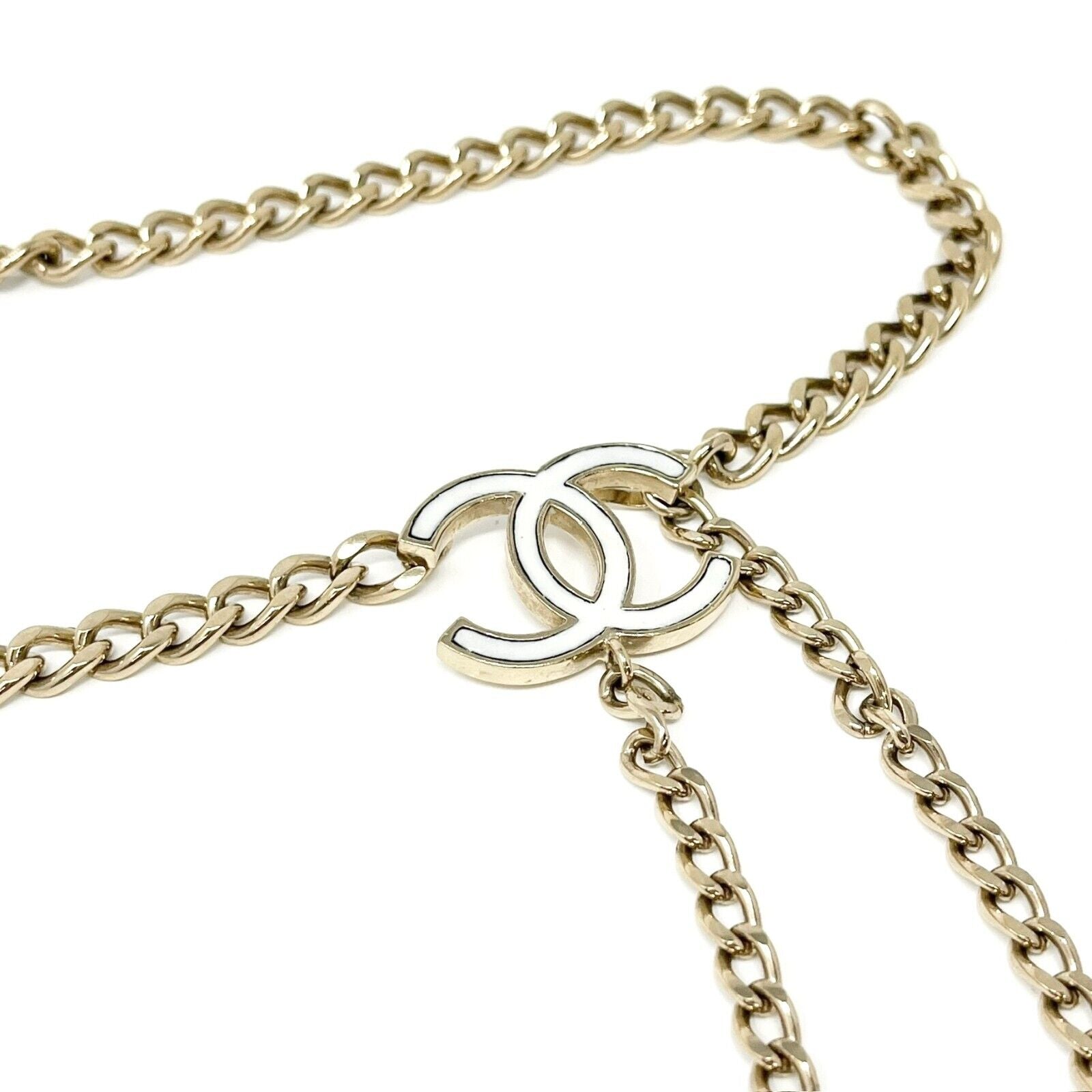 CHANEL Vintage 05V CC Logo Chain Belt Accessory Metal Gold White Charm Rank AB