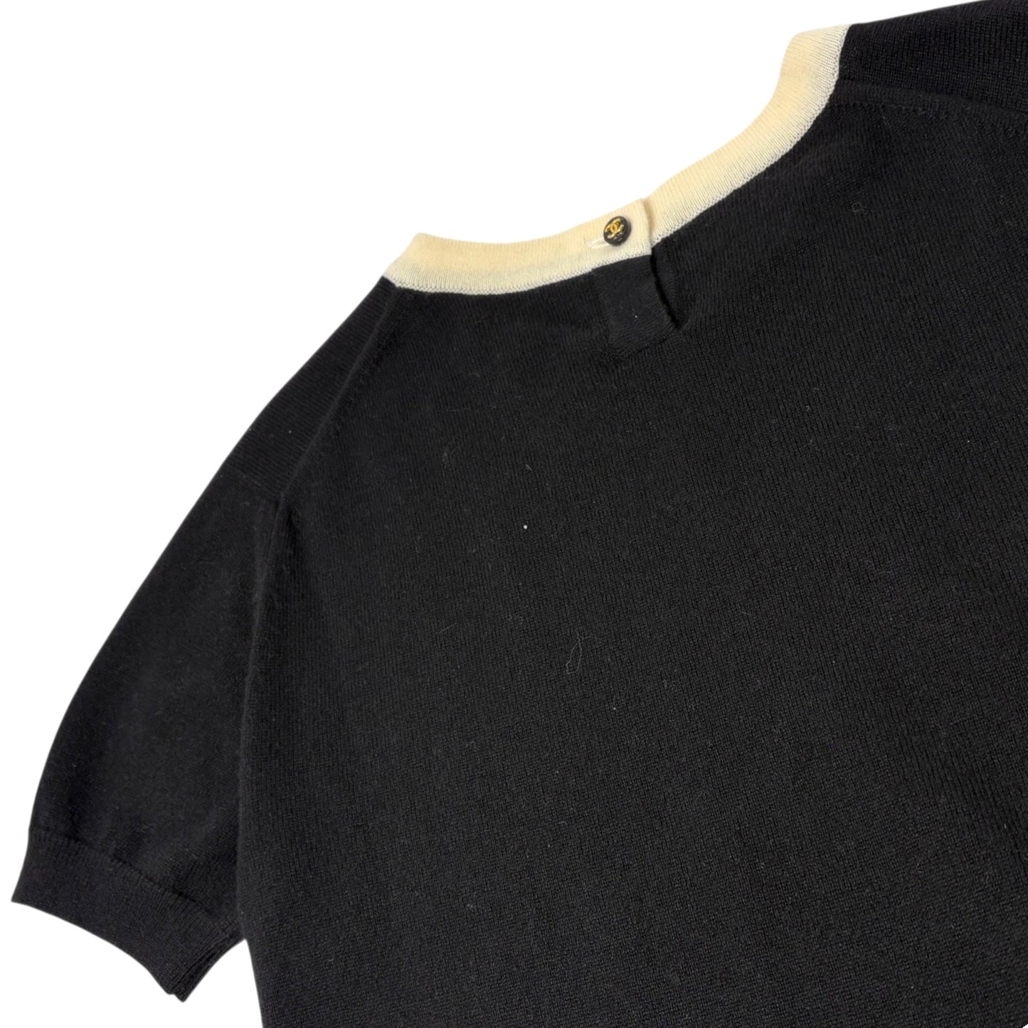 CHANEL Vintage 96A CC Logo Button Knit Top T-shirt #40 Black White Cashmere