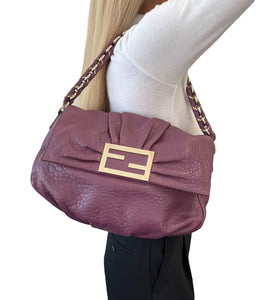 FENDI Vintage FF Logo Mia Shoulder Bag Crossbody 2way Purple Gold Leather
