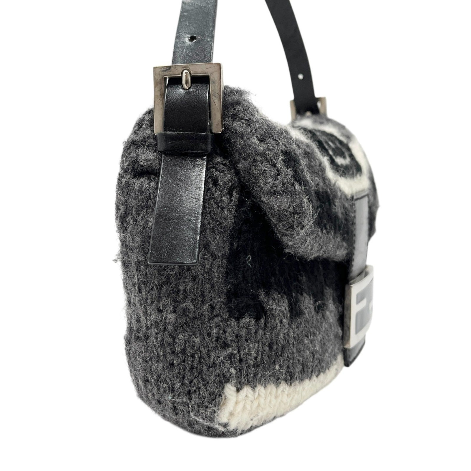 FENDI Vintage FF Logo Knit Mamma Baguette Shoulder Bag Black Gray Silver Wool