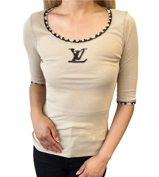 LOUIS VUITTON Vintage Beads Knit Long Sleeve Top T-shirt #XS Beige 901990