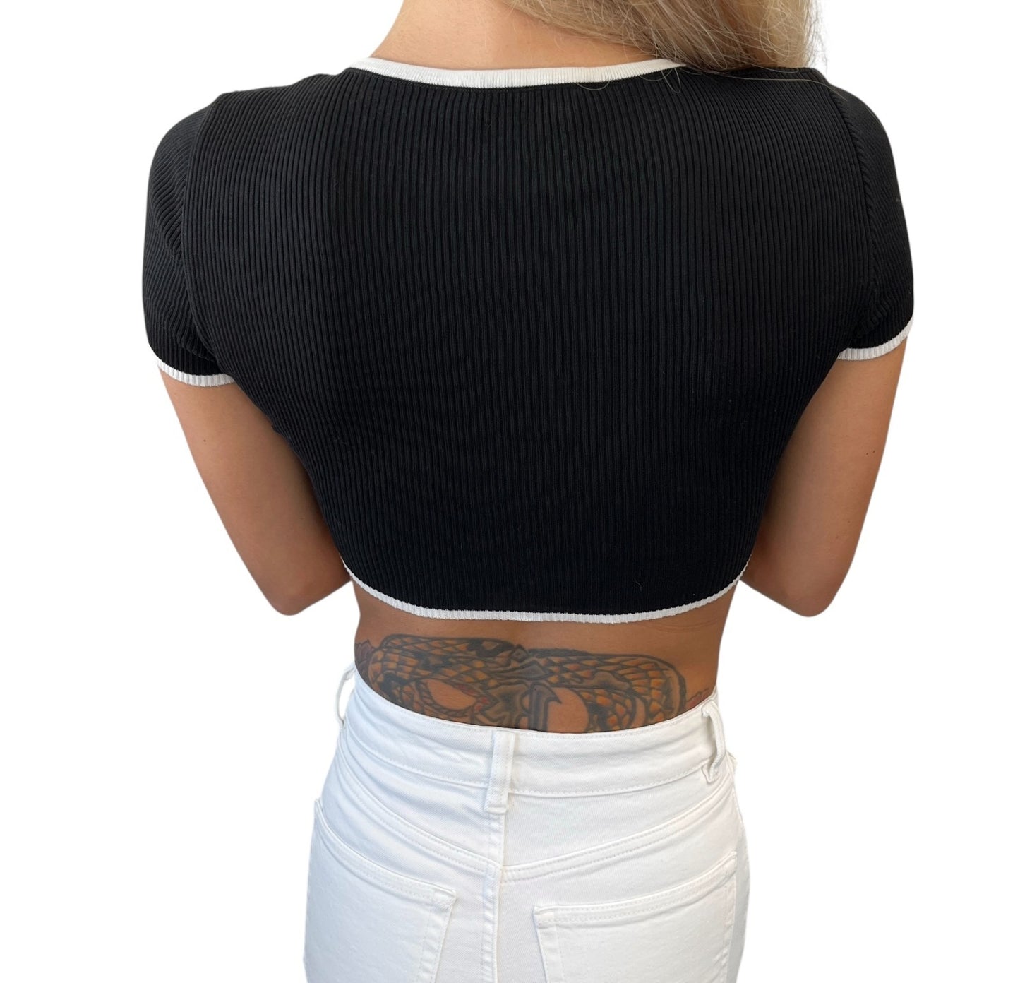 CHANEL Vintage 95P CC Logo Cropped Ribbed T-shirt #36 Black White Cotton