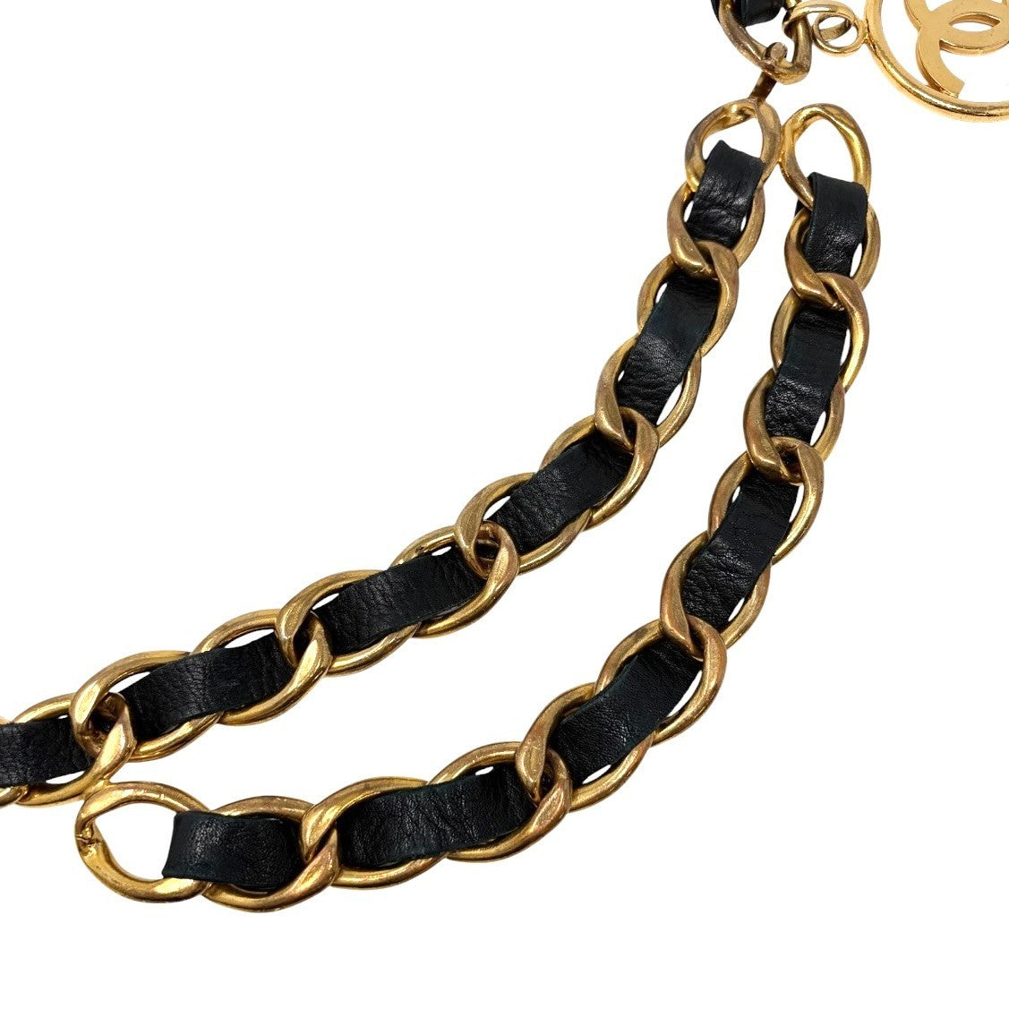 CHANEL Vintage CC Mark Logo Chain Belt Accessory Gold Black Leather Metal 902003