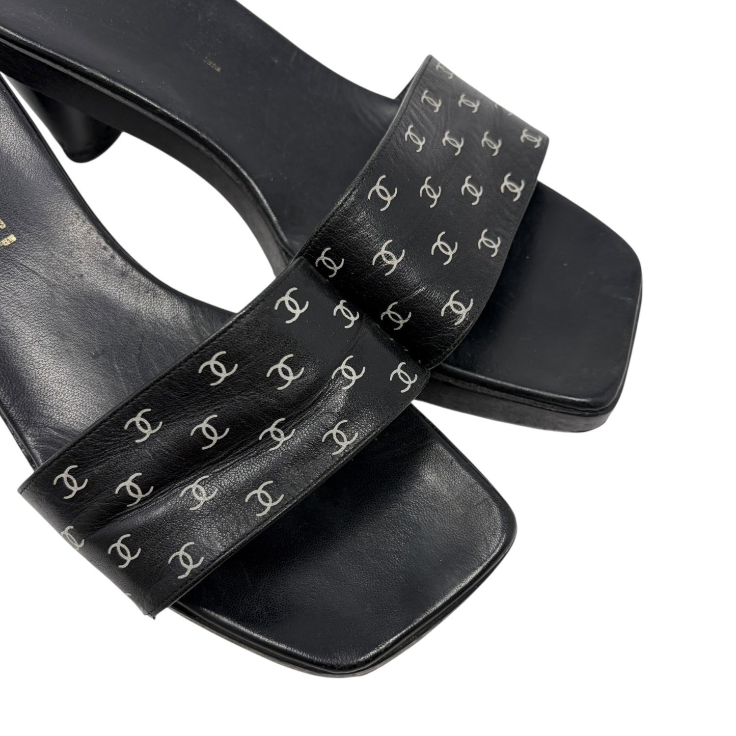 CHANEL Vintage CC Logo Open Toe Sandals Mule Heels #36 Black White Leather
