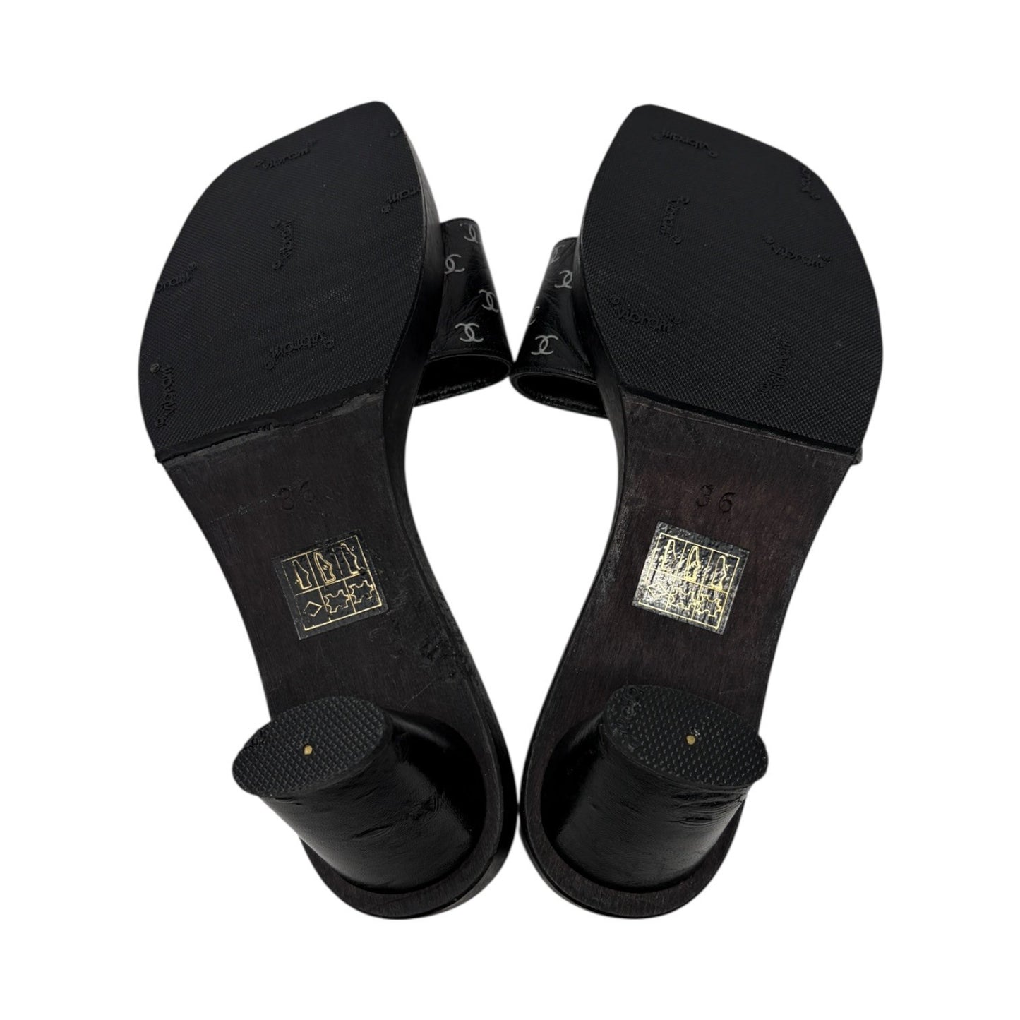 CHANEL Vintage CC Logo Open Toe Sandals Mule Heels #36 Black White Leather