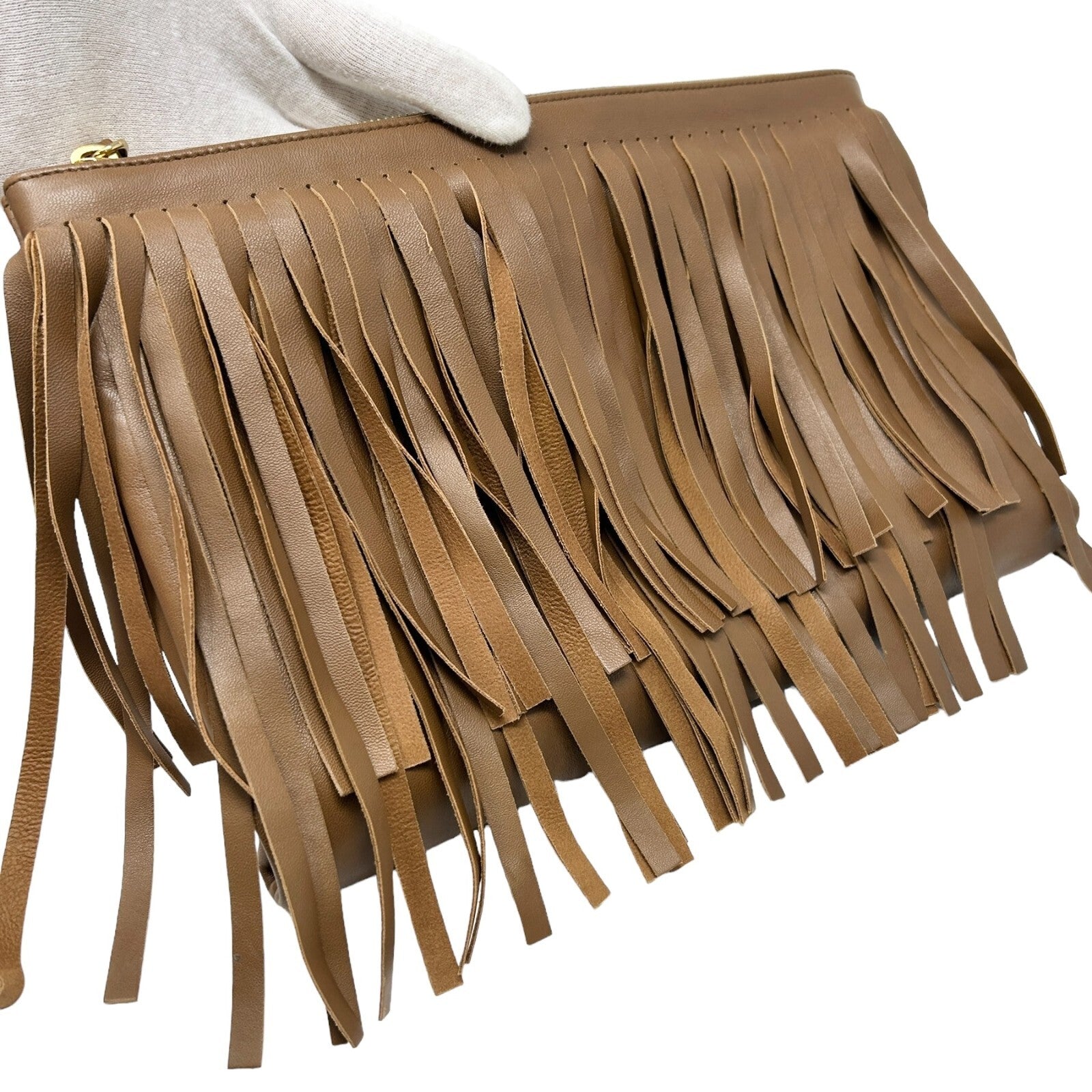 PRADA Vintage Logo Fringe Clutch Mini Bag Brown Gold Leather Zip Rank AB
