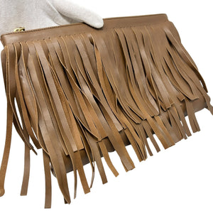 PRADA Vintage Logo Fringe Clutch Mini Bag Brown Gold Leather Zip Rank AB