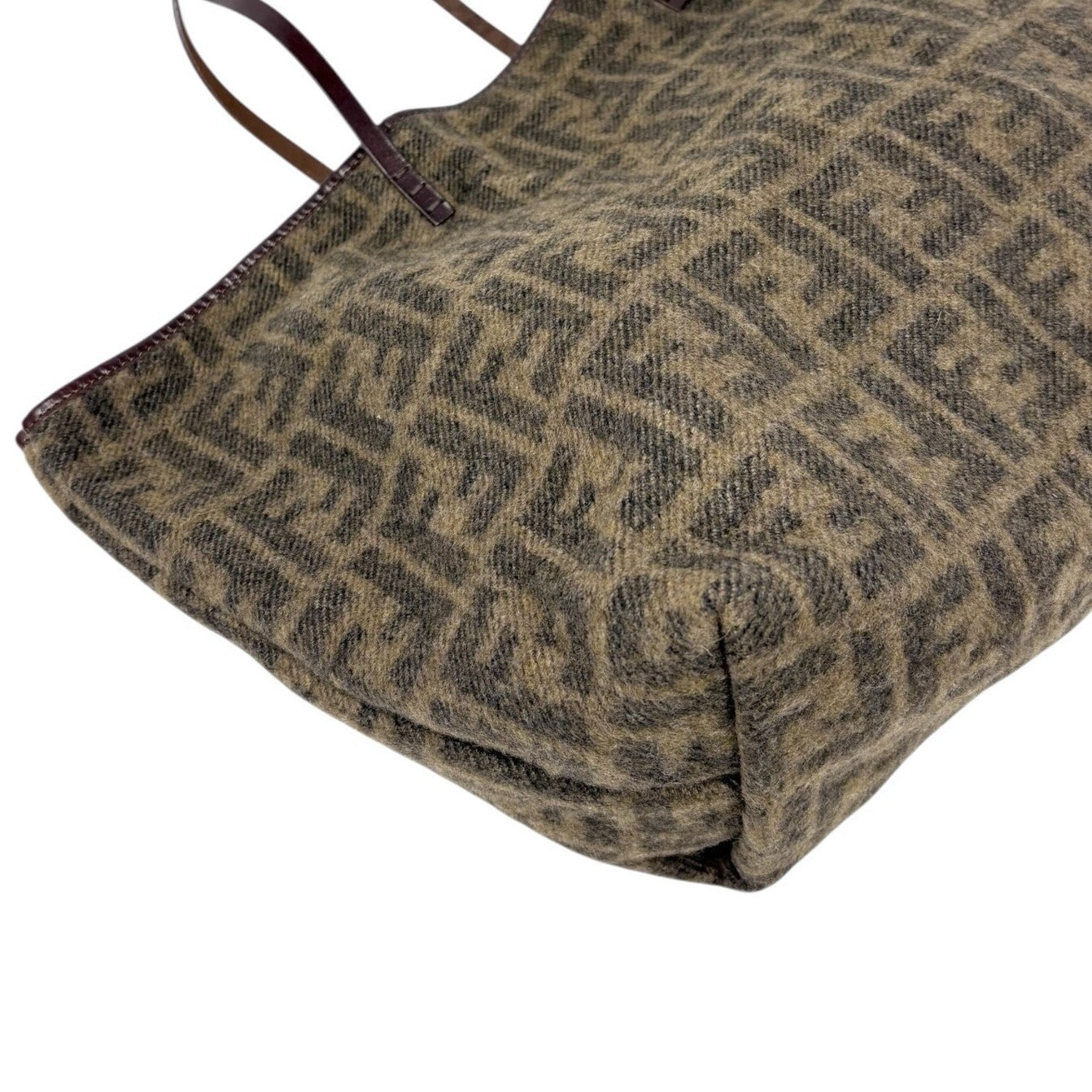 FENDI Vintage Zucca Monogram Knit Wool Tote Shoulder Bag Leather Pouch Brown