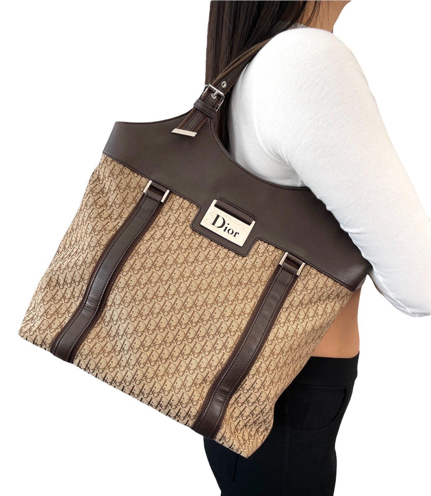 Christian Dior Vintage Trotter Monogram Street Chic Canvas Tote Bag Beige Brown