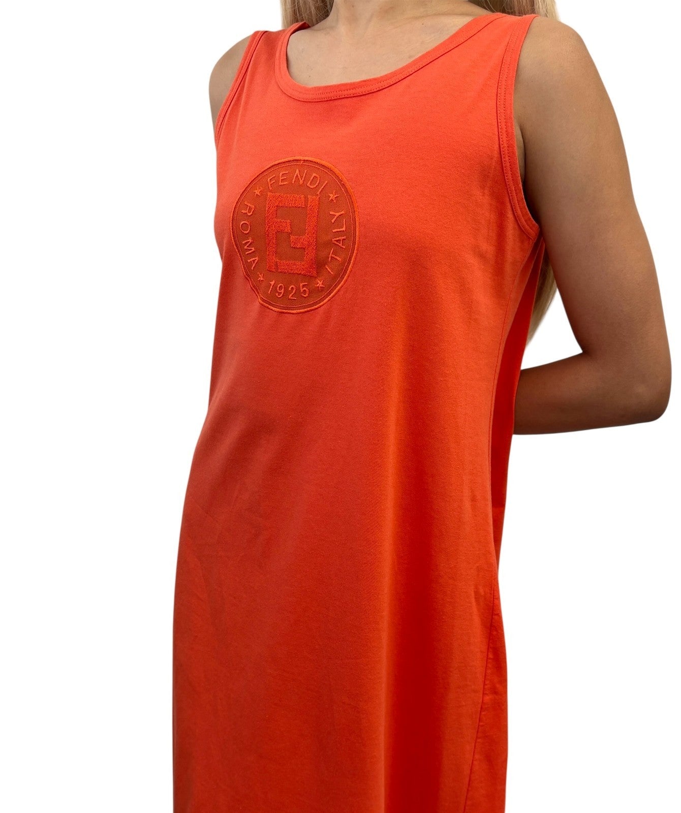 FENDI Vintage FF Logo Embroidered Sleeveless Tank Maxi Dress #38 Orange Cotton