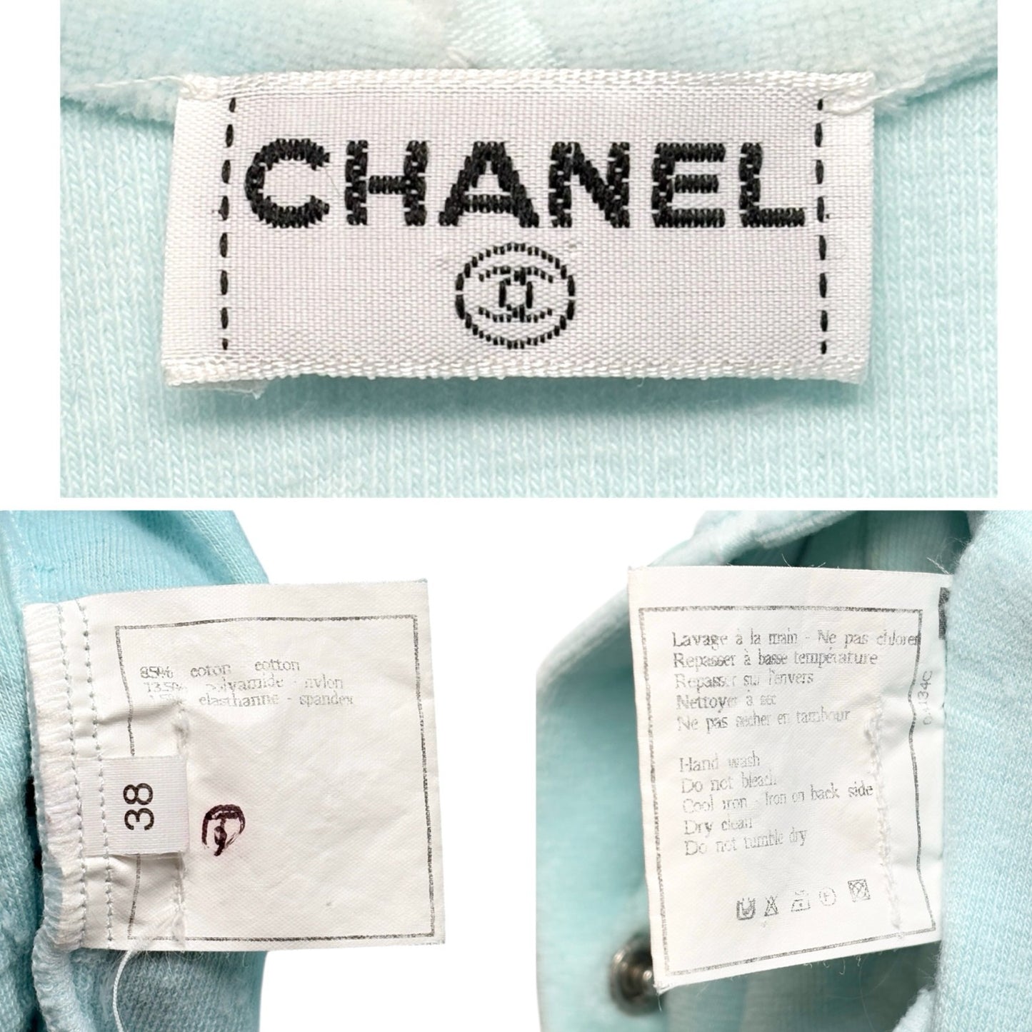 CHANEL Vintage 96A CC Logo Snap Button Velour Shirt Top #38 Light Blue