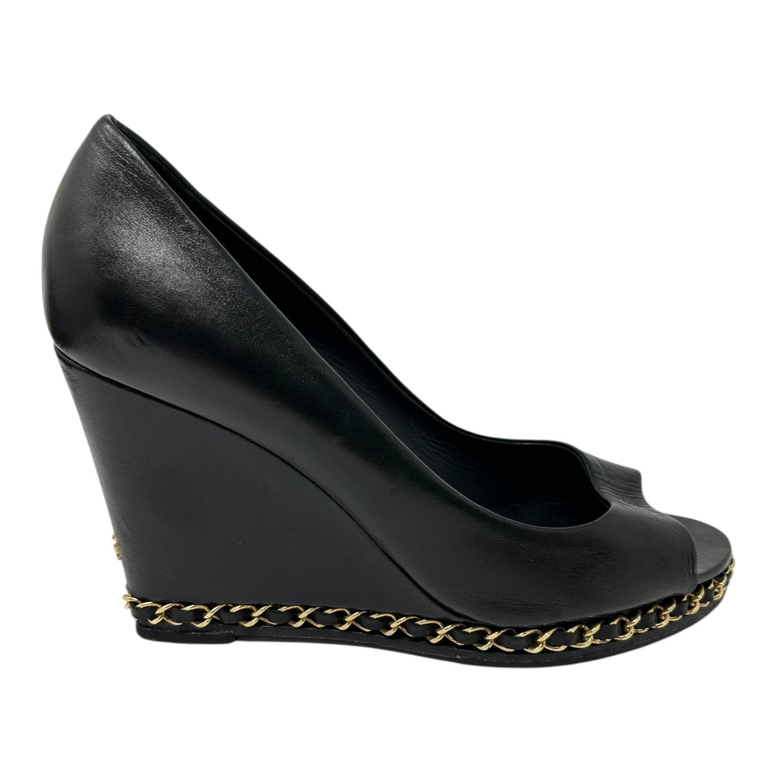 CHANEL Vintage CC Logo Open Toe Chain Sandals #37-37.5 Black Wedge Heels