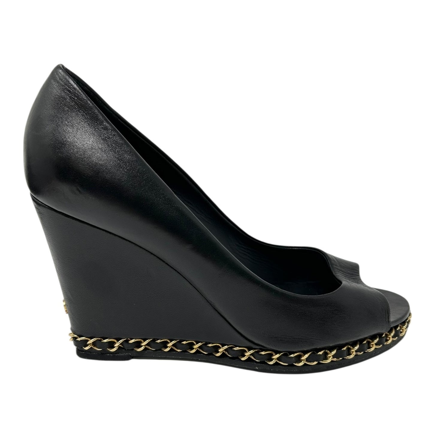 CHANEL Vintage CC Logo Open Toe Chain Sandals #37-37.5 Black Wedge Heels