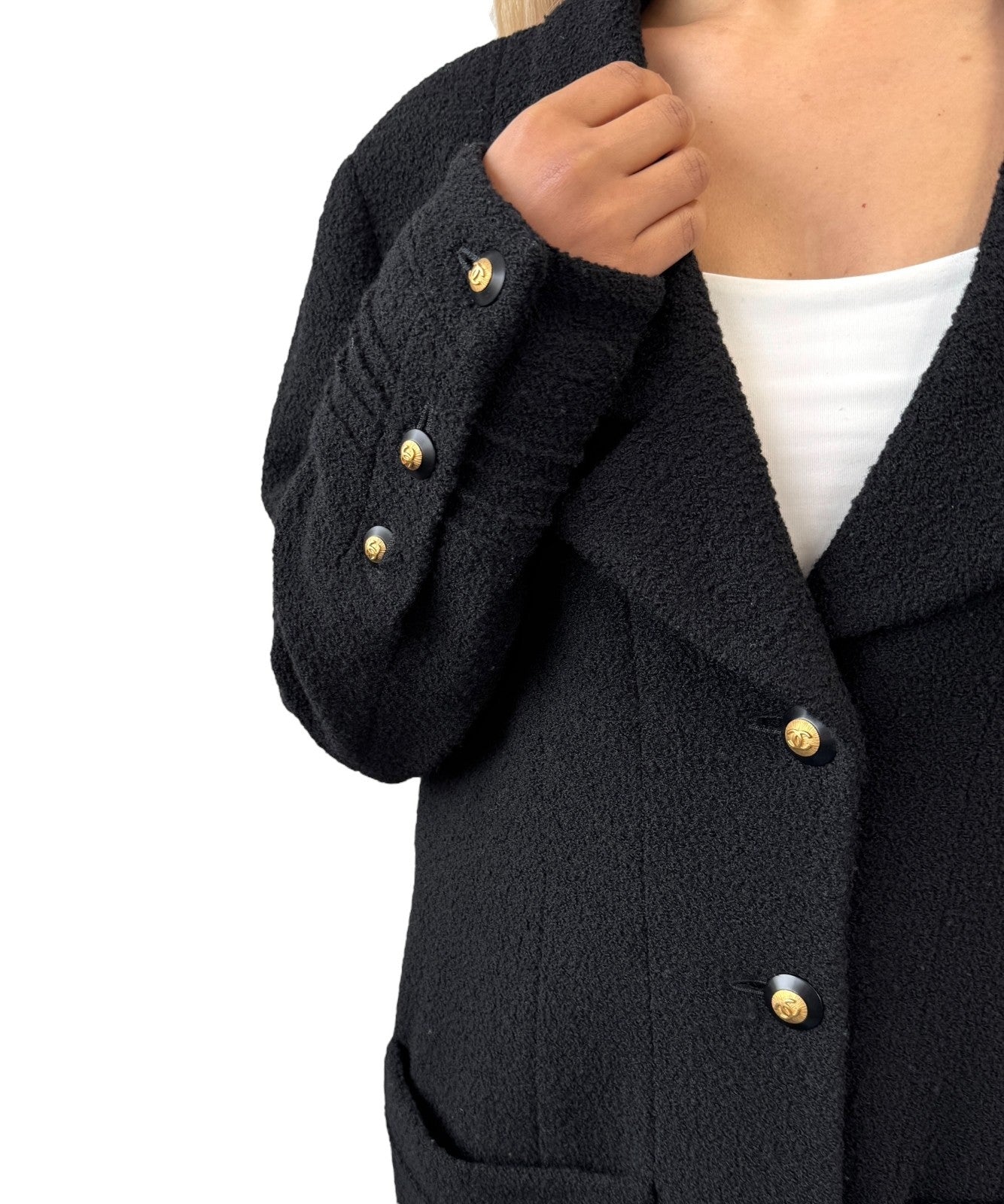 CHANEL Vintage CC Mark Logo Gold Button Jacket Black Wool Silk Pockets