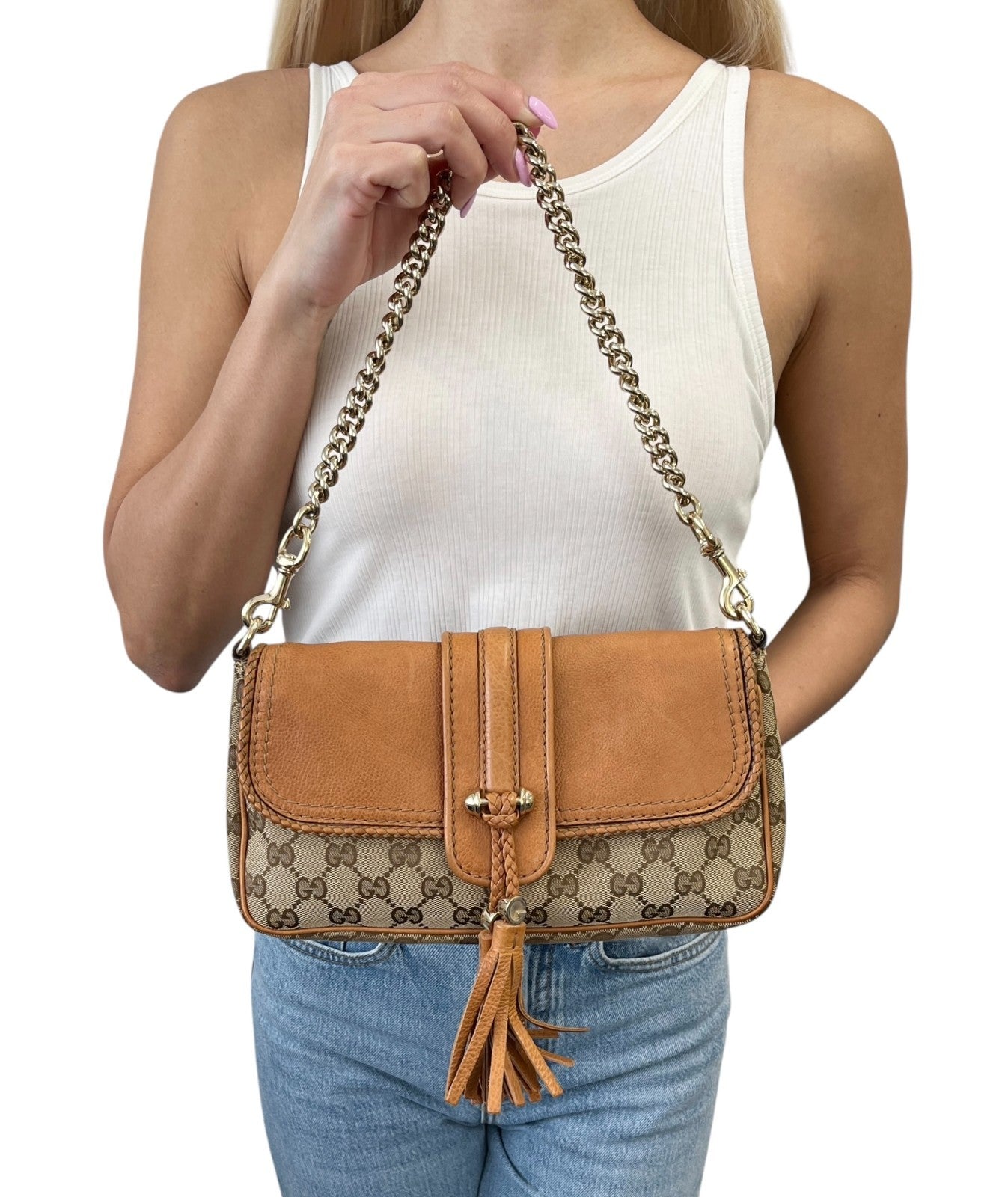 GUCCI Vintage GG Monogram Logo Chain Shoulder Bag Fringe Brown Beige Gold