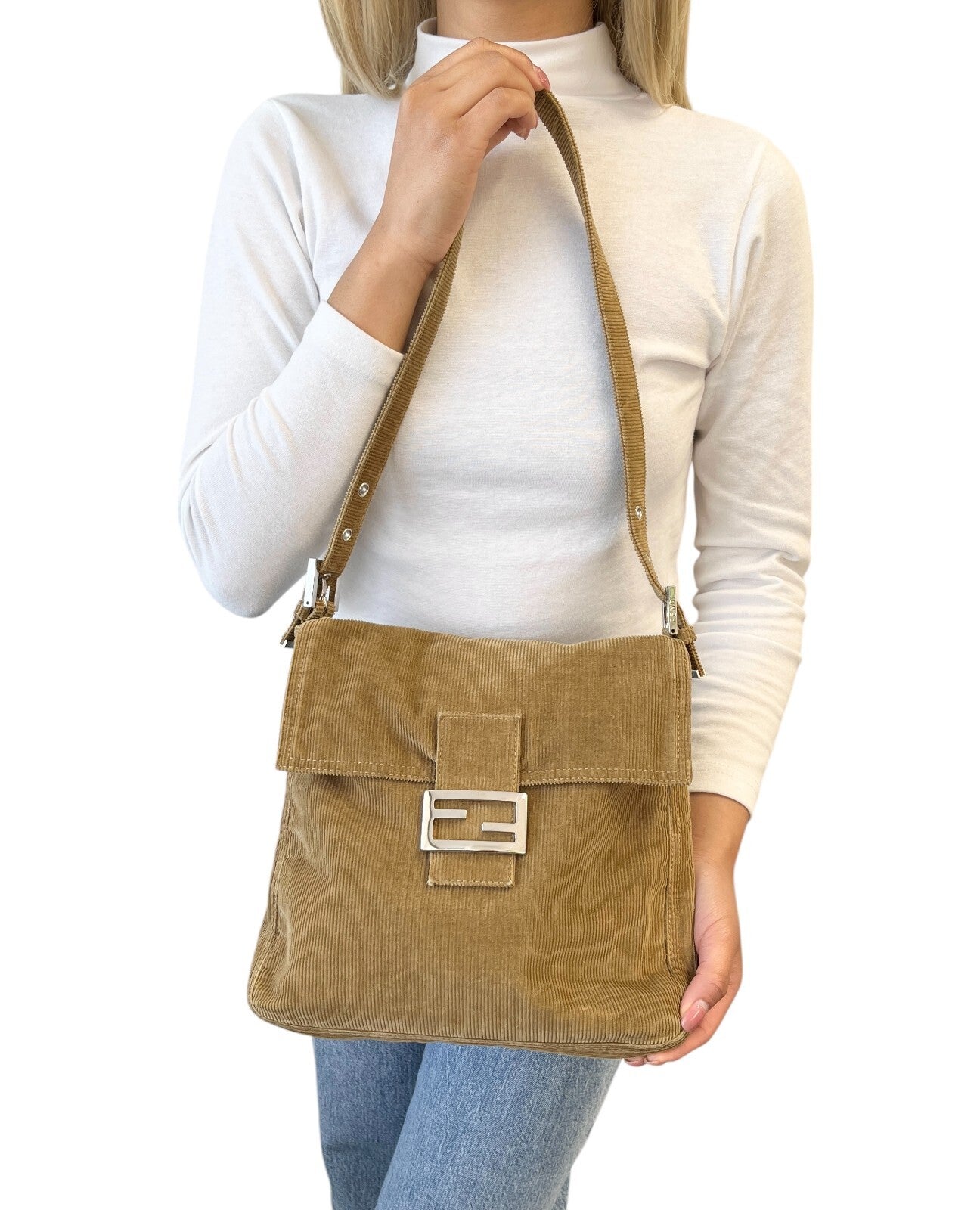 FENDI Vintage FF Logo Mamma Baguette Shoulder Bag Corduroy Brown Silver Cotton