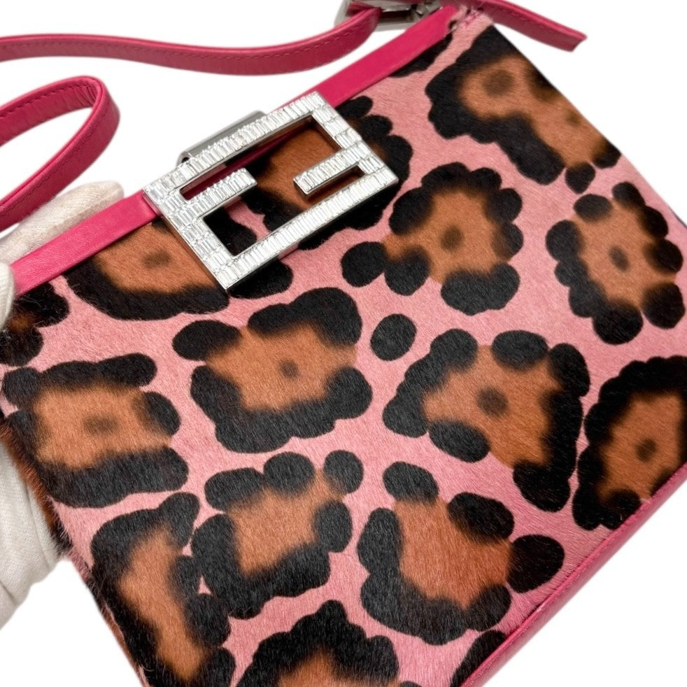 FENDI Vintage Mamma Baguette Leopard Pony Calf Hair Shoulder Bag Pink Brown