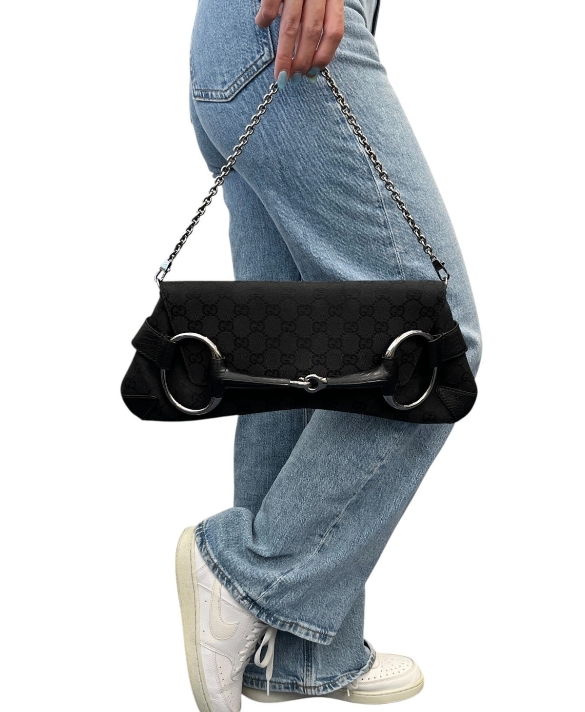 GUCCI Vintage Horsebit GG Monogram Chain Shoulder Bag Black Silver 902485